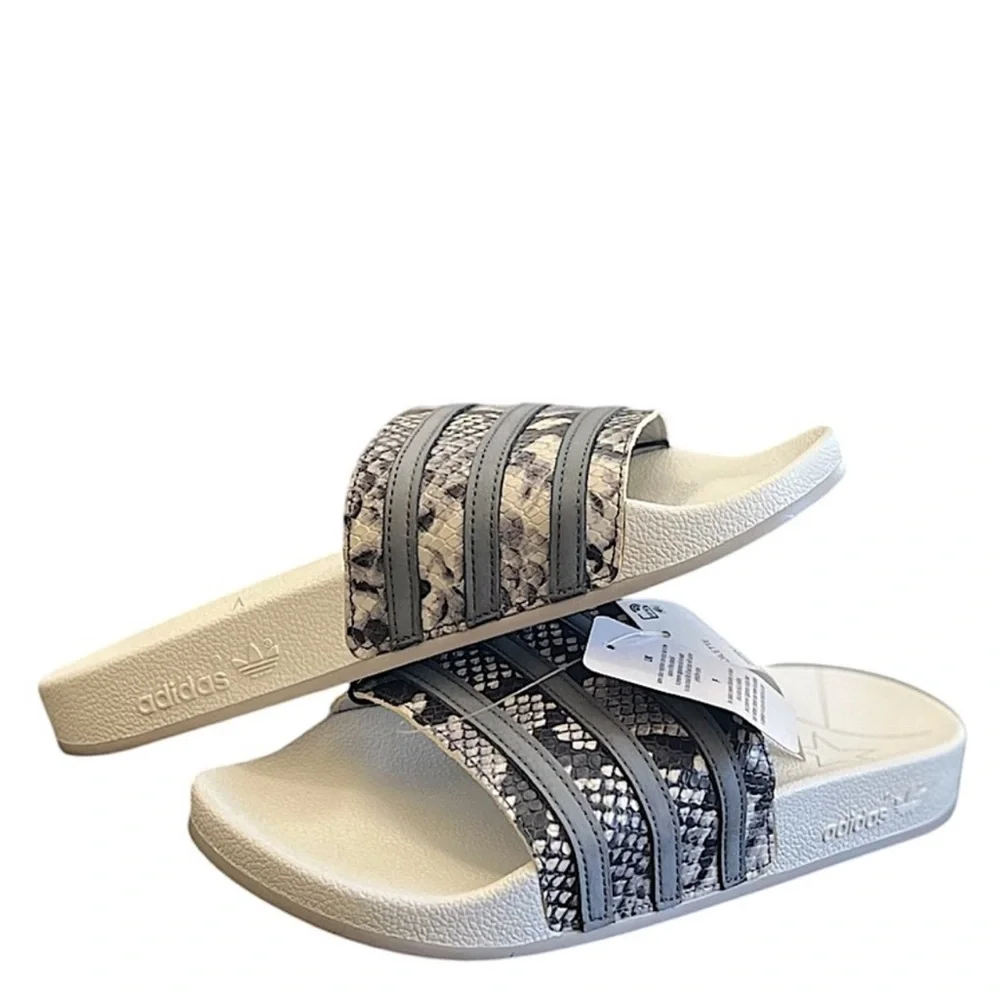 ADIDAS ORIGINALS - WHITE SILVER GREY ADILETTE SNAKESKIN SLIDE SANDALS